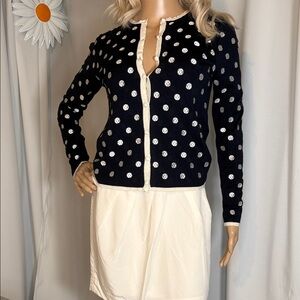 Navy Polka Dot Crewneck Cardigan Sweater - Off White Trim, Women’s Size SP